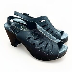 Dansko Black Leather Cutout Slingback‎ Clogs Heels Size 40 Platform Peep Toe